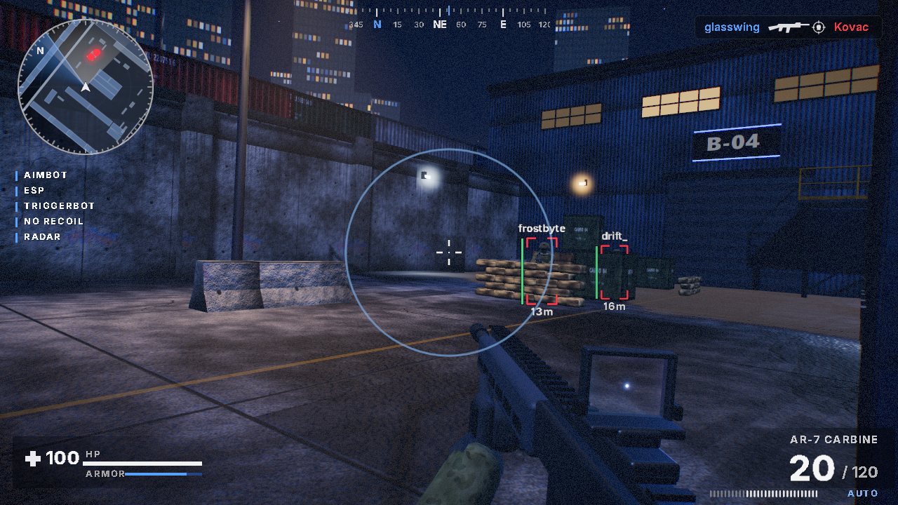 ESP boxes, names and distance markers on two players behind sandbags and crates, with the active features listed on the left of the screen