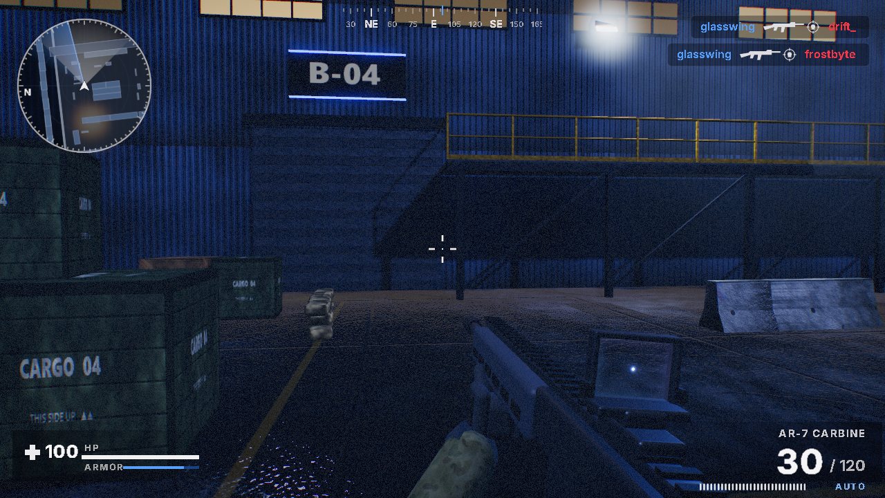 Gameplay still of an empty warehouse yard with no players in view and two kill feed entries in the top right