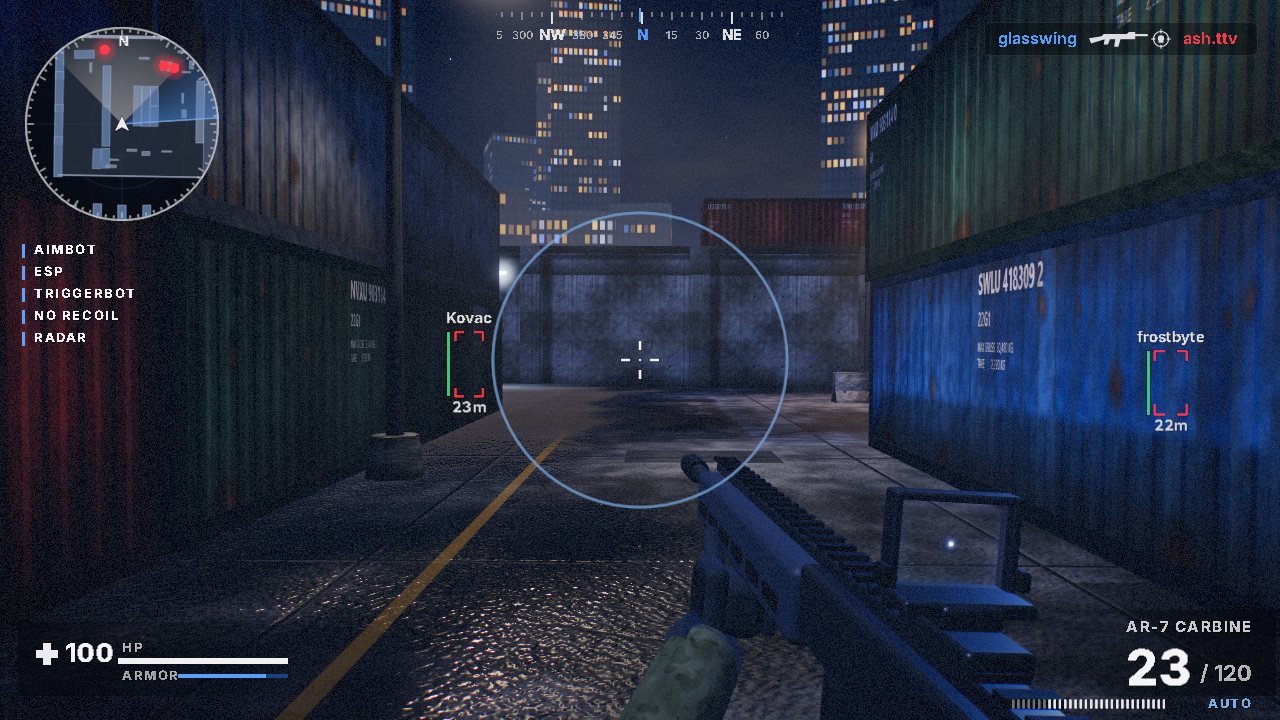 ESP boxes, names and distance markers on two players hidden behind shipping containers, with an aimbot FOV circle in the centre