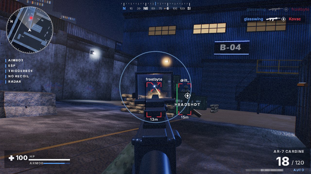 Gameplay still with ESP boxes and names on two players behind cover, an aimbot FOV circle and a headshot marker