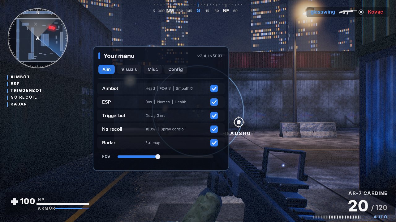 A cheat menu open over gameplay with Aim, Visuals, Misc and Config tabs and toggles for aimbot, ESP, triggerbot, no recoil and radar